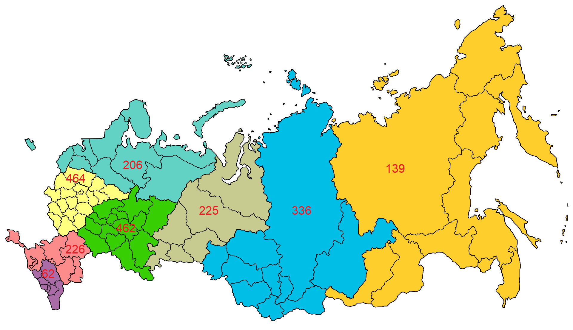 Число филиалов ТОП6 транспортных компаний по федеральным округам России